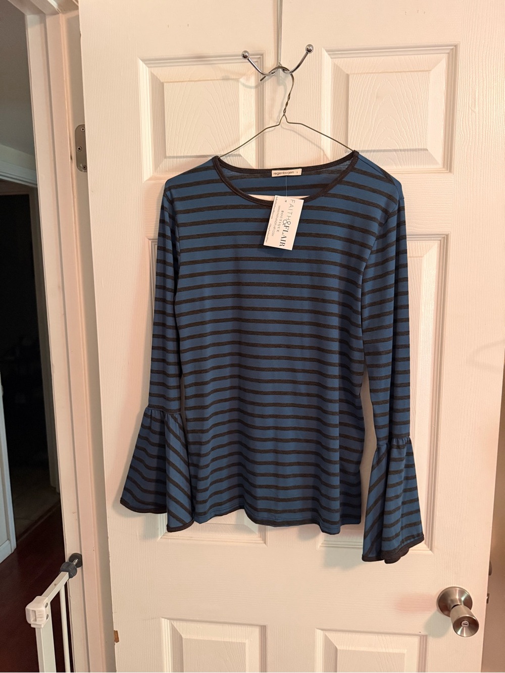 Striped Blue and Black Bell-Sleeve Long Sleeve Tee